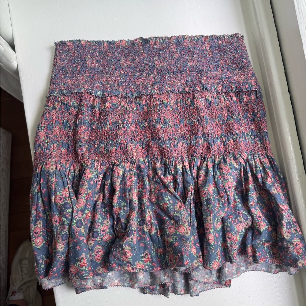 LoveShackFancy Pink Blue Floral Smocked Mini Skirt Size XS